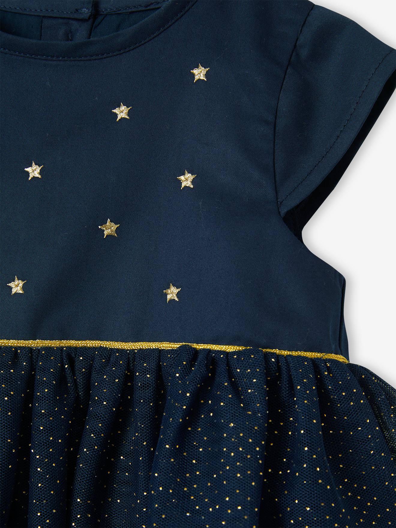 Robe de fête bébé en satin et tulle irisé bleu nuit