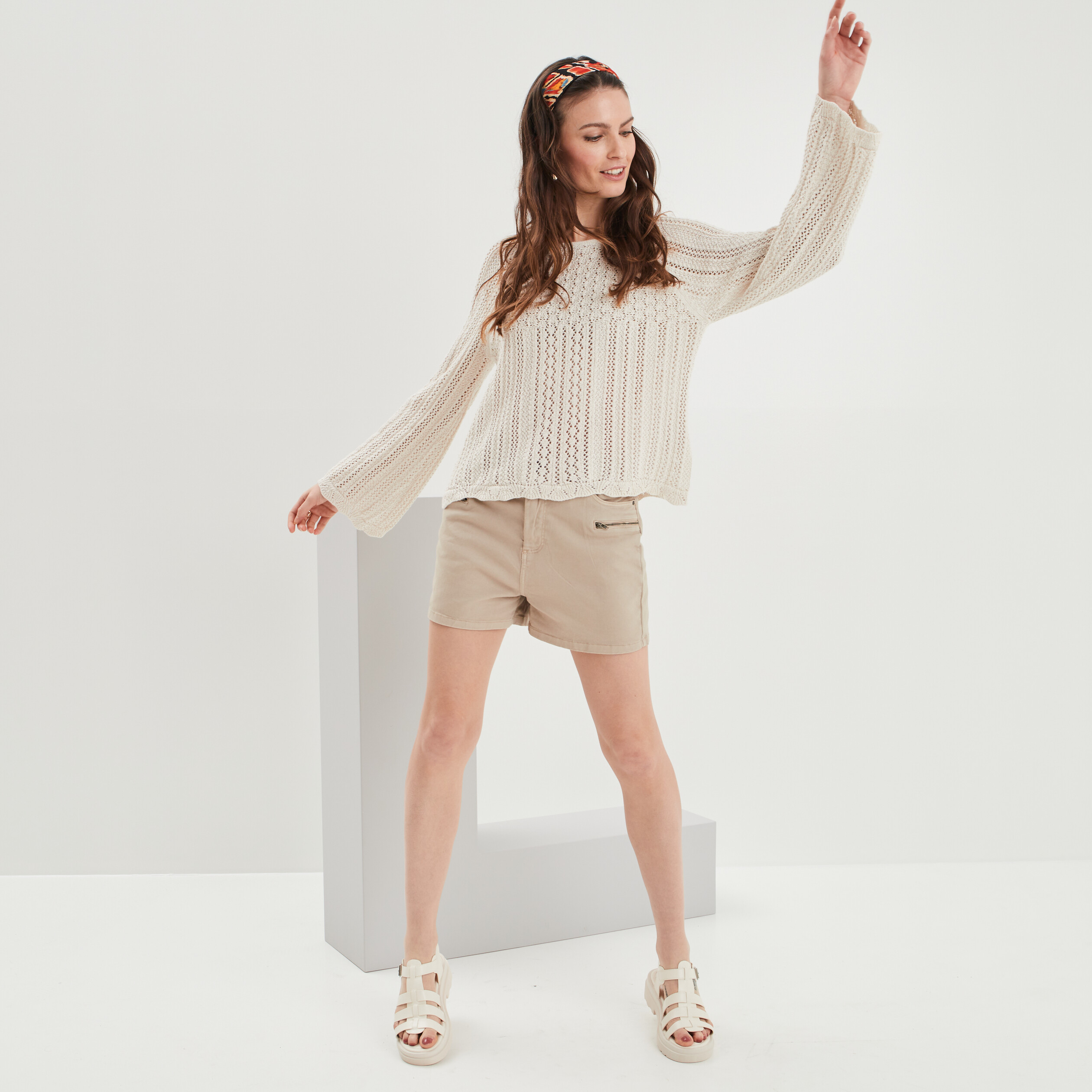 Pull ajouré col rond Liberto sable femme | La Halle