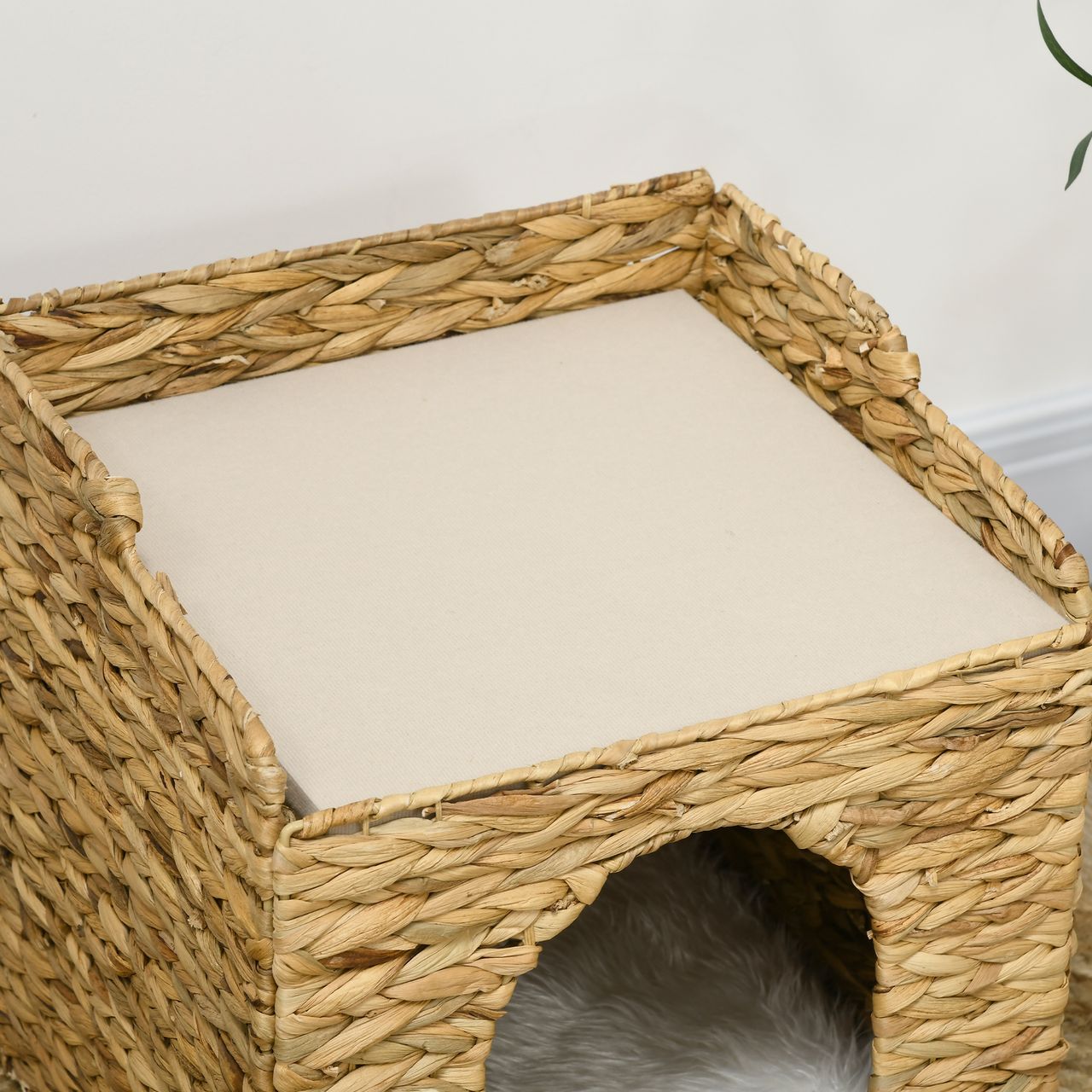 PawHut Rattan Katzenhaus, Katzenhöhle mit Kissen, Katzenhütte mit 2 Ebenen