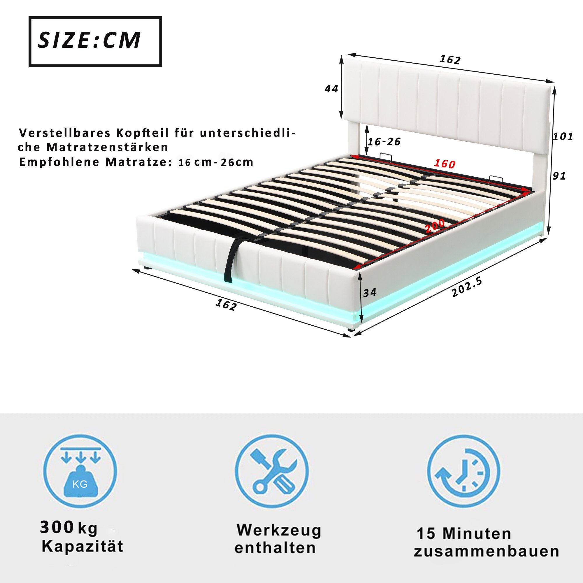 PHOEBE CAT Boxspringbett (LED Hydraulisches Bett mit Bettkasten und Lattenrost), Polsterbett Stauraumbett 160x200 cm, Kunstleder