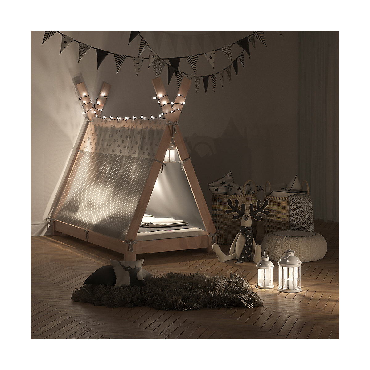 Kinderbett Hausbett Tipi + Überwurf 80x160cm Indianerzelt Indianerbett