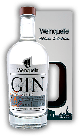 Weinquelle Classic Gin 44,7% 0,5 Liter Weinquelle Classic Gin 44,7% 0,5 Liter Schnörkellos, klar und frisch. Wacholder trifft Zitrone. Ideal für Gin-Tonic. 0,5	 Liter - Vol 44,7%