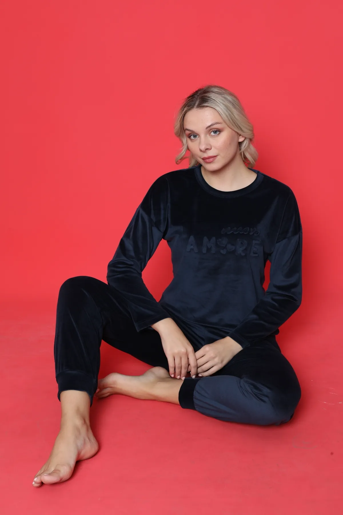 AHENGİM  Pyjama-Set für Damen, französischer Samt, Amore, bedruckt, Spatenmanschette, Winter, saisonal, W20432250