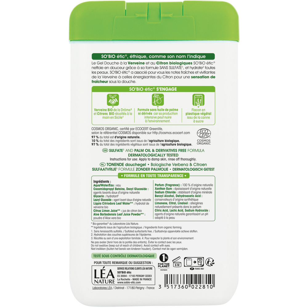 LÉA NATURE SO BiO étic Gel douche tonifiant, Verveine et Citron Bio Gel douche