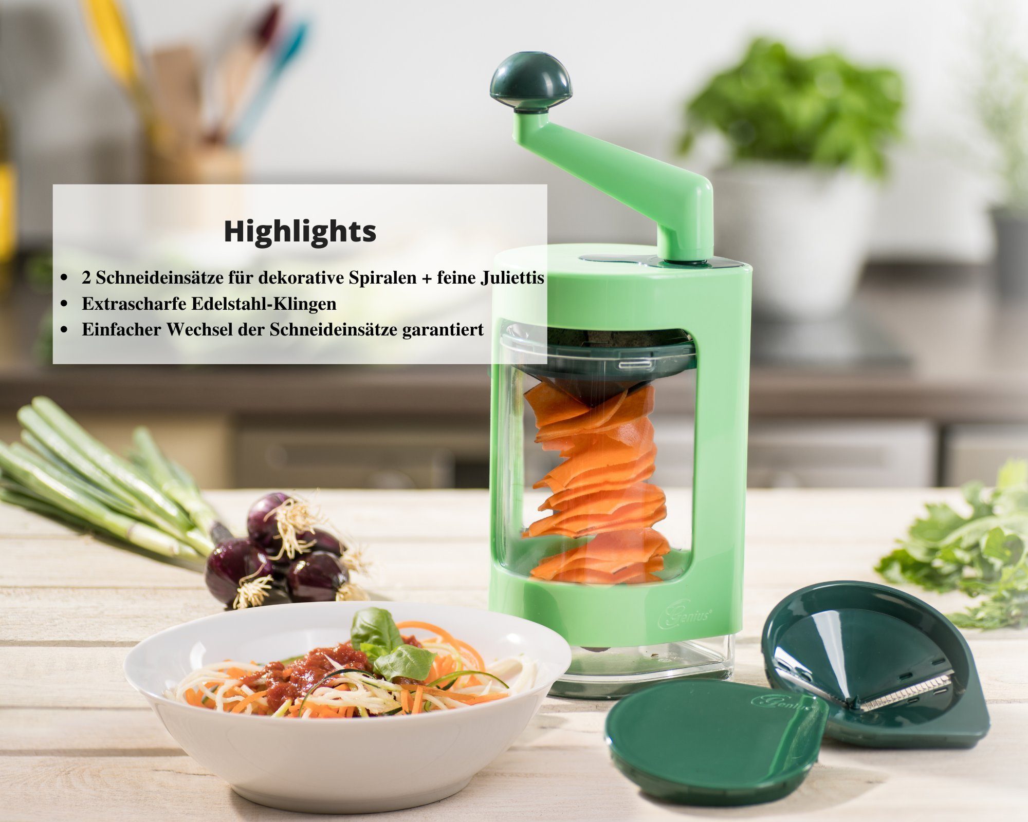 Genius Gemüseschneider Super Julietti 6 Teile, für Spiralen und Juliettis - für Zoodles, Gemüse, Low Carb-Pasta