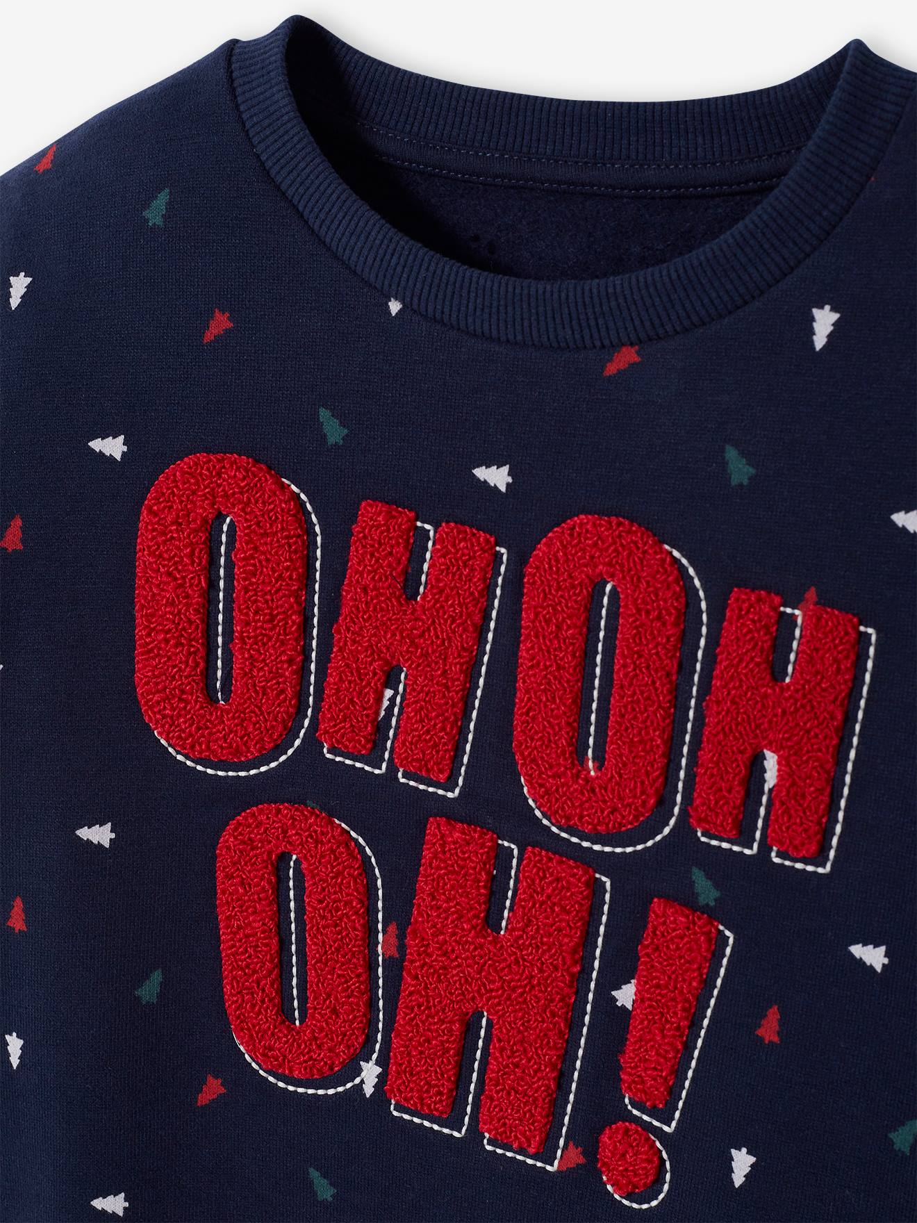 Sweat de noël garçon message ludique bouclettes et motifs sapins marine