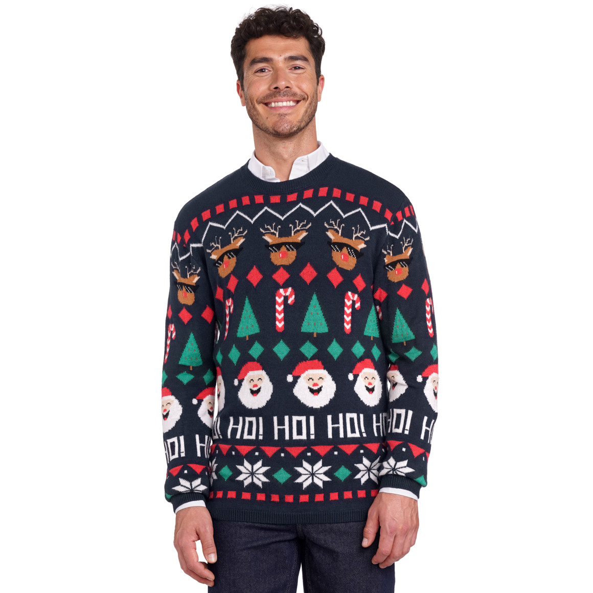 Herren Weihnachtspullover mit Allover-Motiven dunkelblau / rot / grün