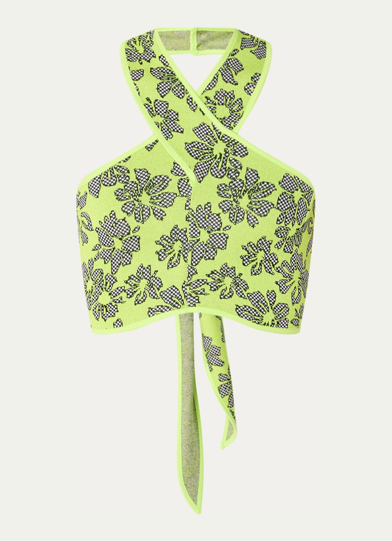 Top corto a collo alto in maglia fine con stampa floreale del marchio Refined Department