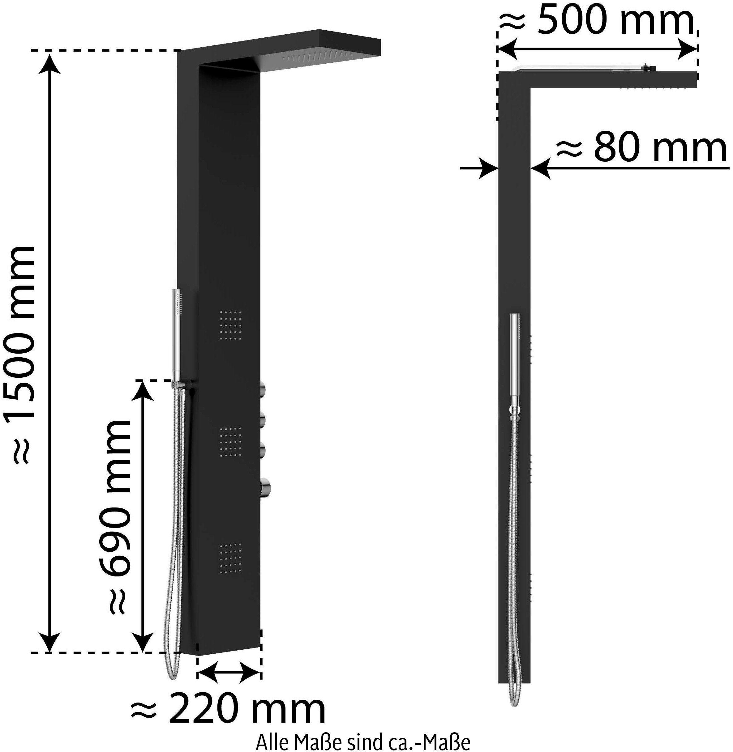 welltime Duschsäule Black Square, Höhe 155 cm, Duschsystem mit Regendusche,Massagedüsen & Handbrause mit 3 Funktionen