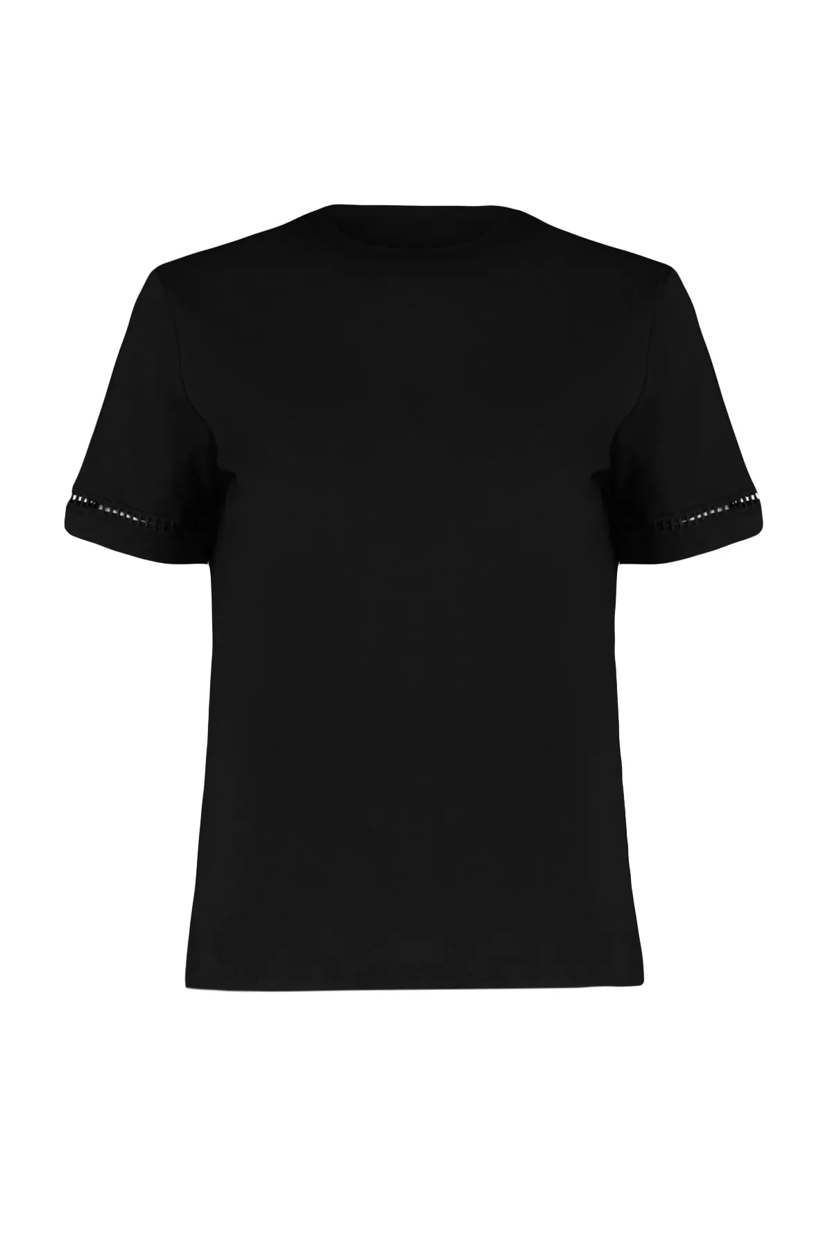 Trendyol Collection  Schwarzes Basic-Strick-T-Shirt aus 100 % Baumwolle mit Rundhalsausschnitt und Stickerei-Detail TWOSS23TS00012