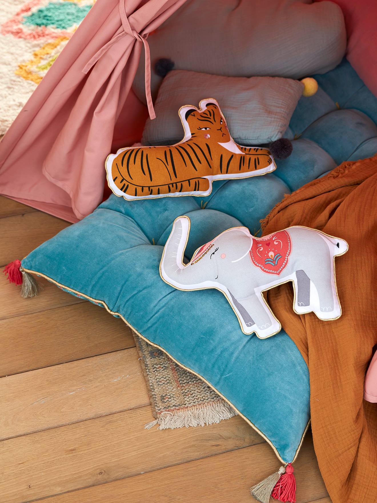 Vertbaudet 2er-Pack Kinder Kissen INDIA, Tiere - grau elefant+senfgelb tiger