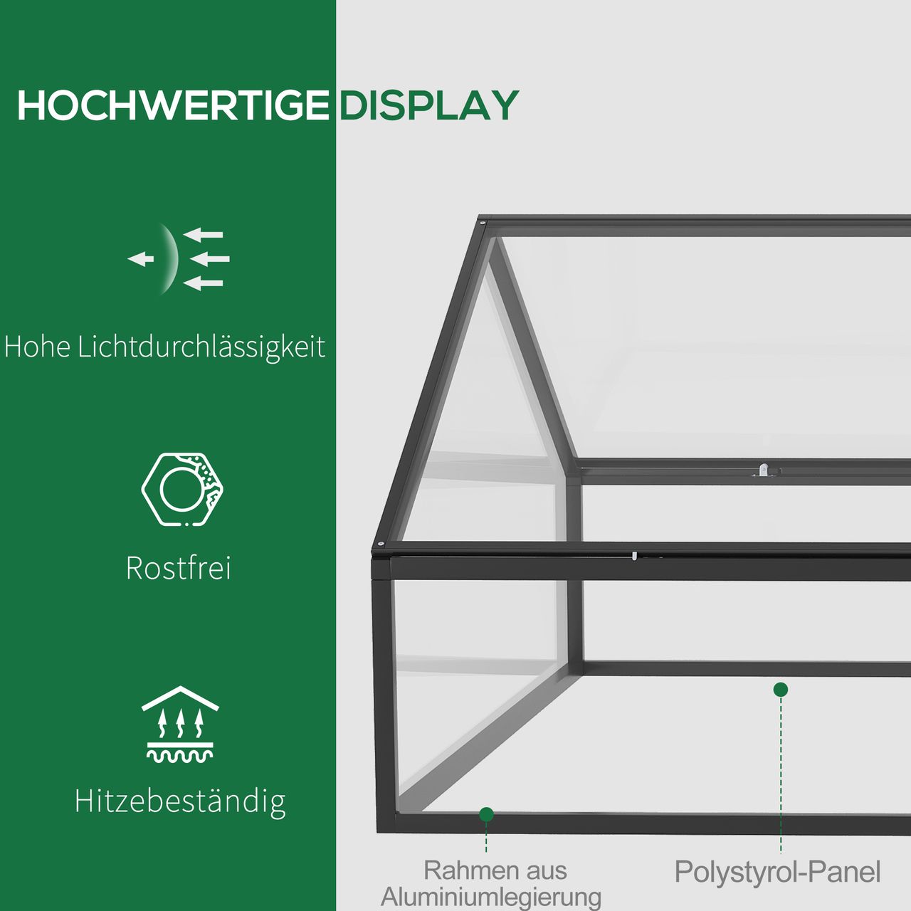 Outsunny Frühbeet Alu Treibhaus Gewächshaus Frühbeetkasten Pflanzenbeet mit Abdeckung Polystyrolplatte wetterfest Schwarz Transparent 117 x 97 x 52 cm