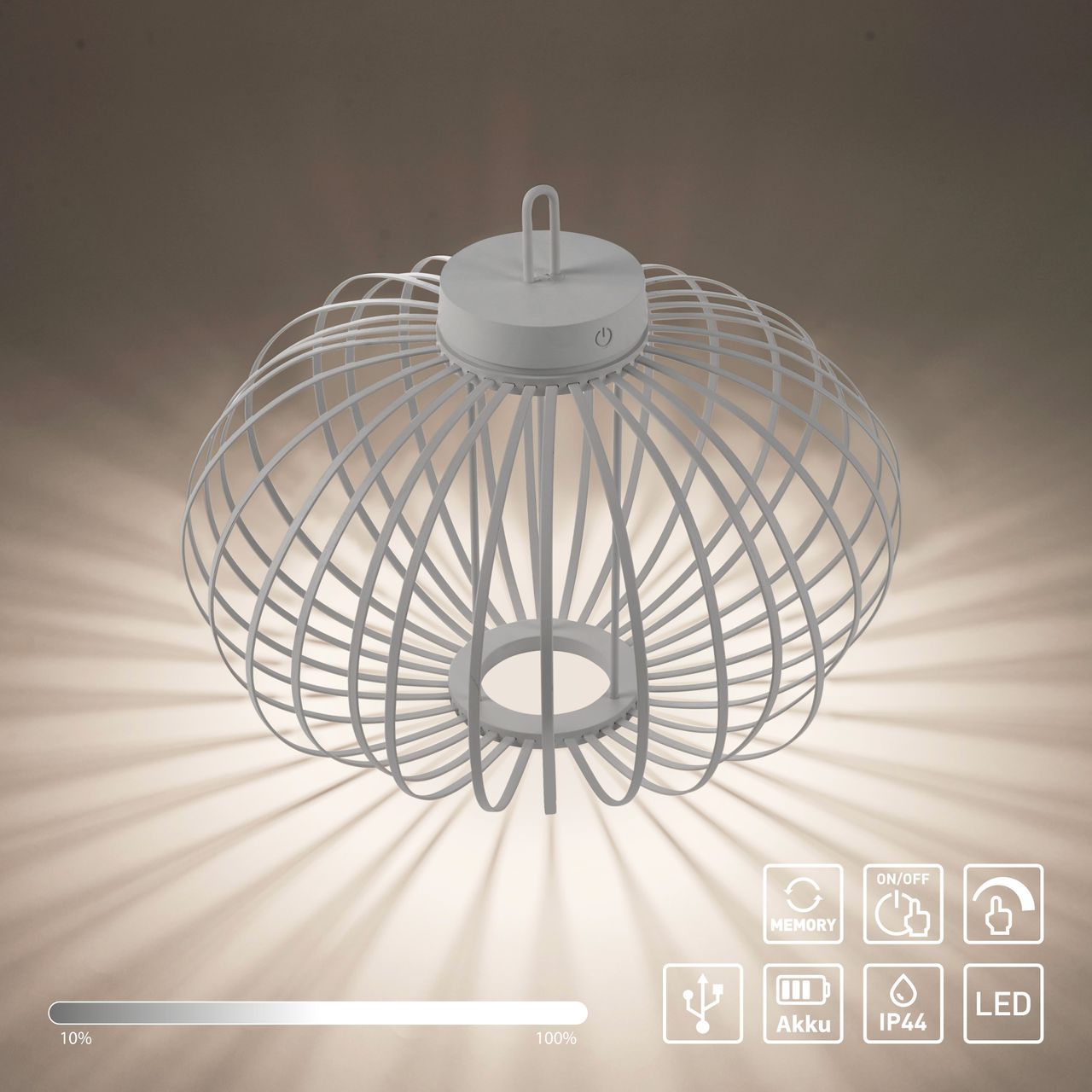 JUST LIGHT Akku Pendelleuchte AKUBA, 1x LED-Board/1,50Watt/2700Kelvin, IP44, Greige
