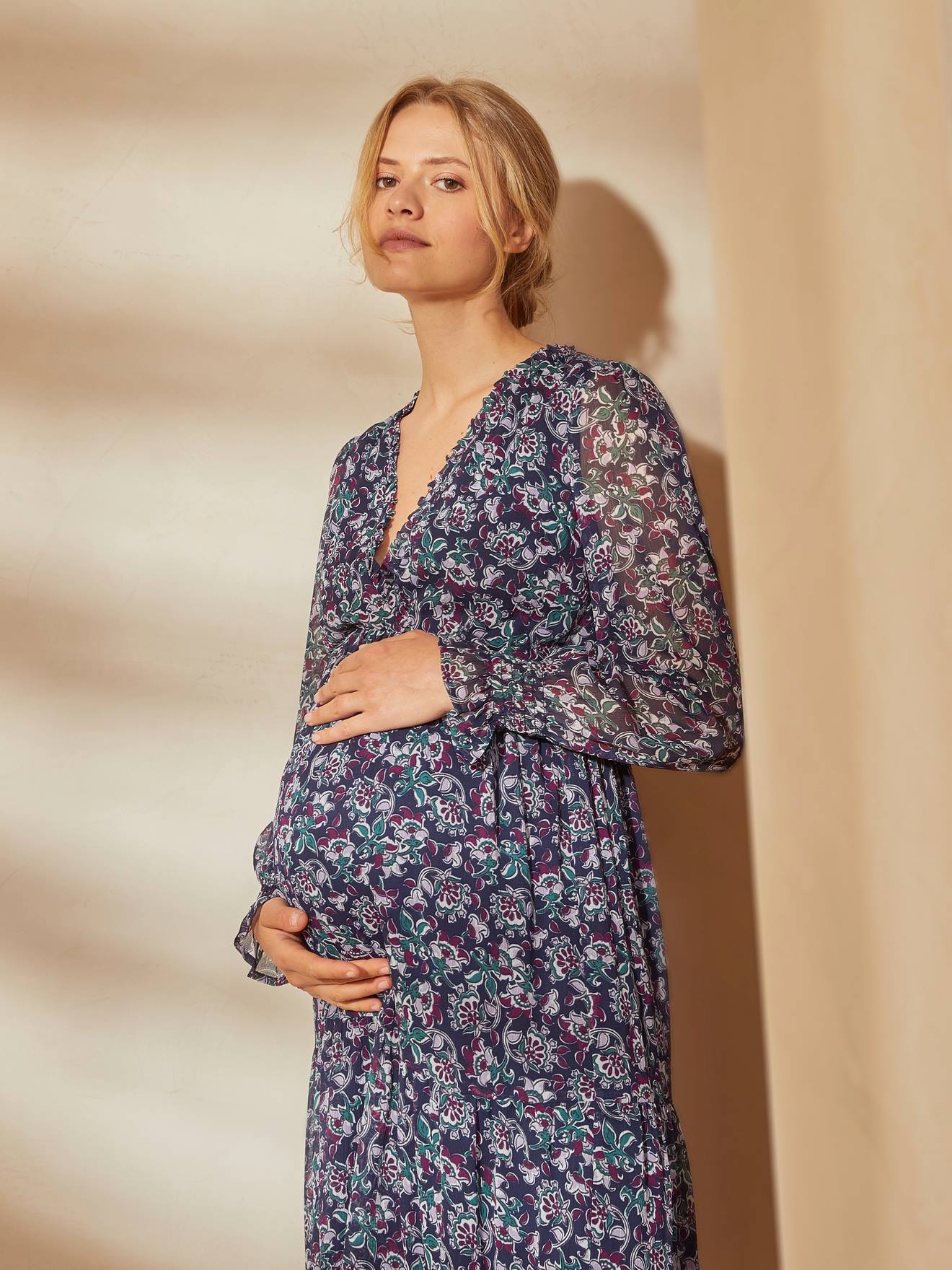 Robe longue crêpe imprimé grossesse et allaitement bleu aop