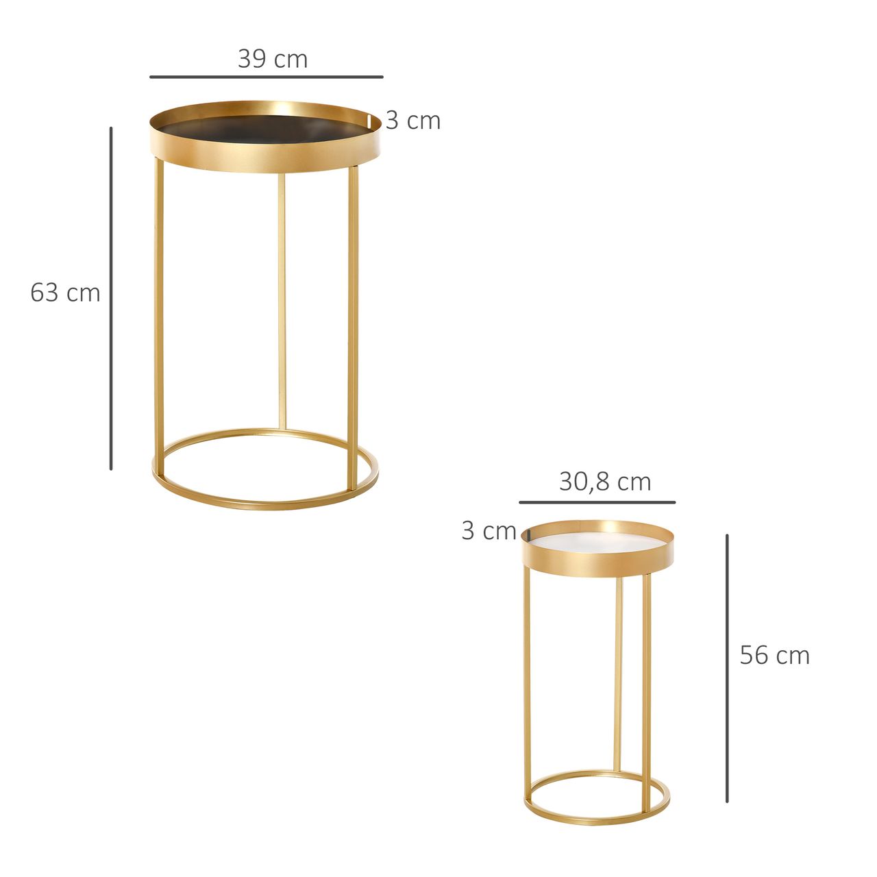 HOMCOM 2er Set Couchtisch Beistelltisch mit erhöhtem Rand Rund Sitztisch Kaffeetisch mit golden Metallgestell Wohnzimmertische für Wohnzimmer Schlafzimmer Retrodesign MDF Metall Gold