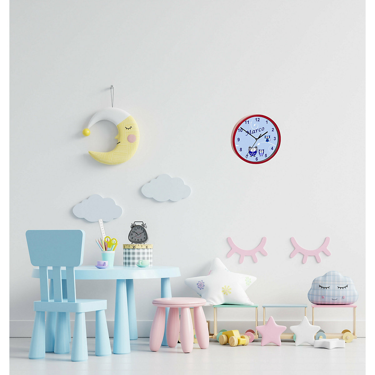 Kinder Wanduhr personalisiert mit Name Eule Blau