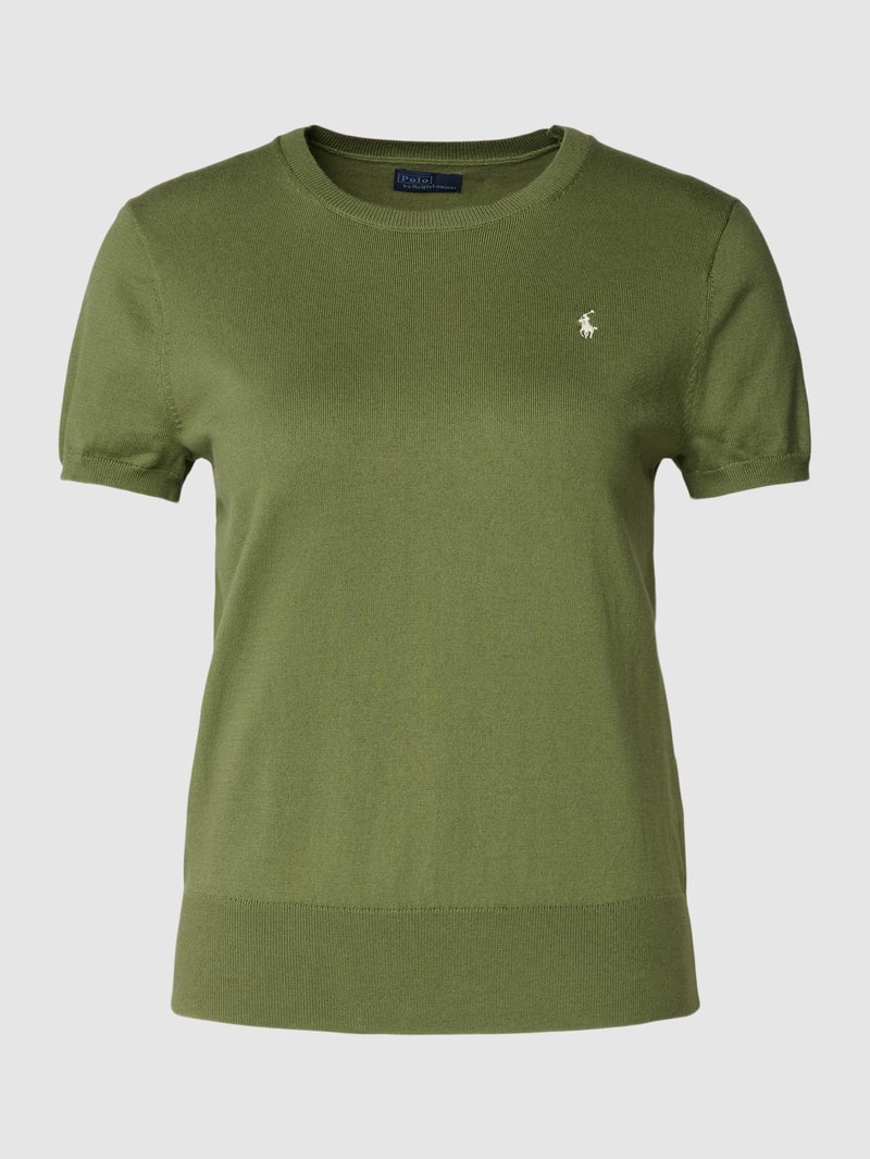 Strickshirt mit Logo-Stitching und Rundhalsausschnitt in olivgrün