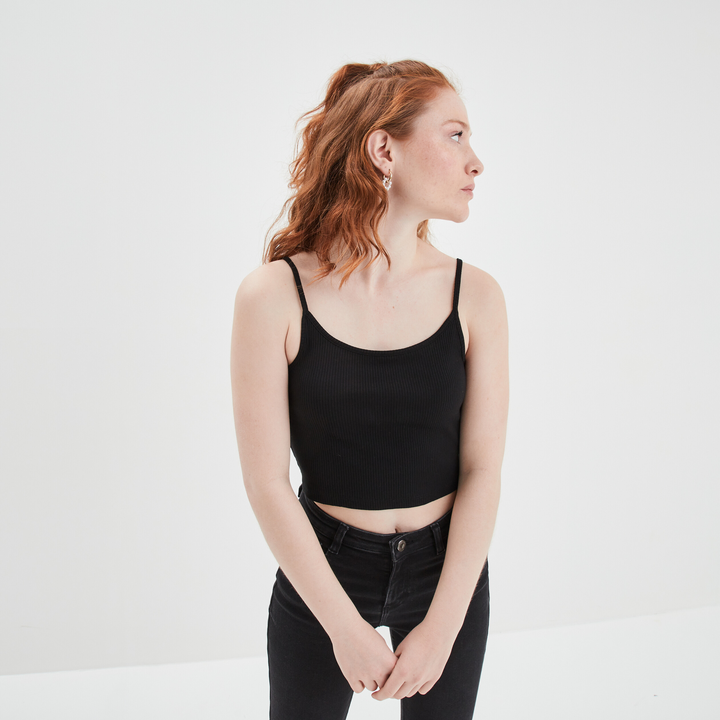 Débardeur cropped côtelé noir femme | La Halle