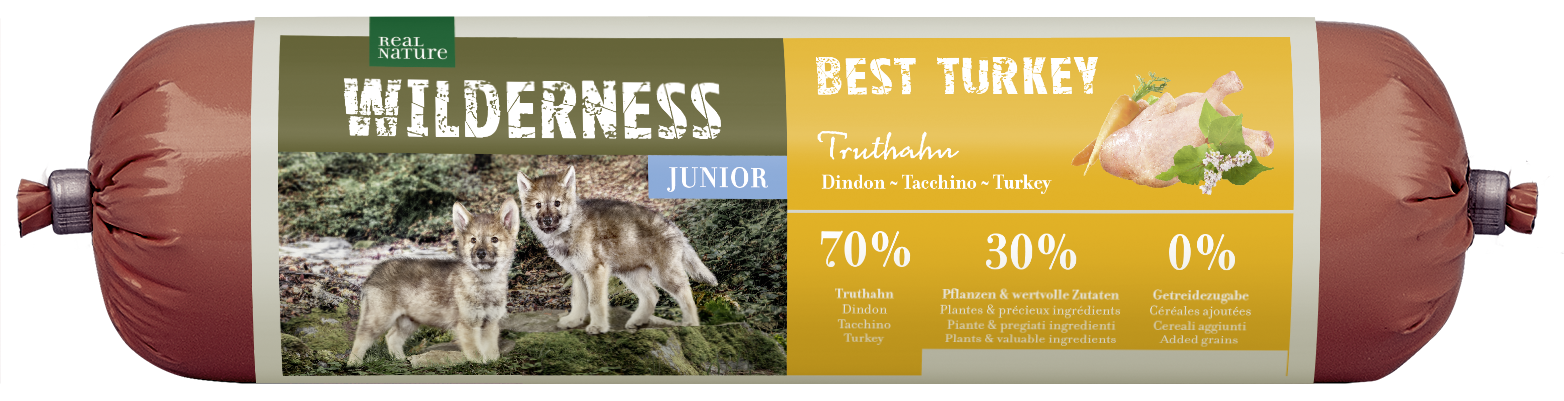 REAL NATURE Hundenassfutter REAL NATURE WILDERNESS Junior Wurst Best Turkey - Truthahn mit Buchweizen & Apfel 800 g