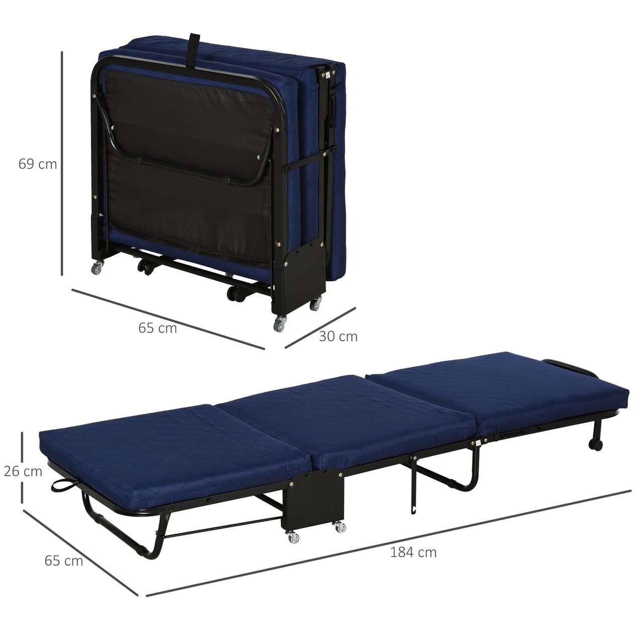 HOMCOM Gästebett klappbar, 2-in-1 Klappbett mit Rollen, Verstellbare Kopfteilhöhe, Stahl Schaumstoff, Blau, 184 x 65 x 26 cm