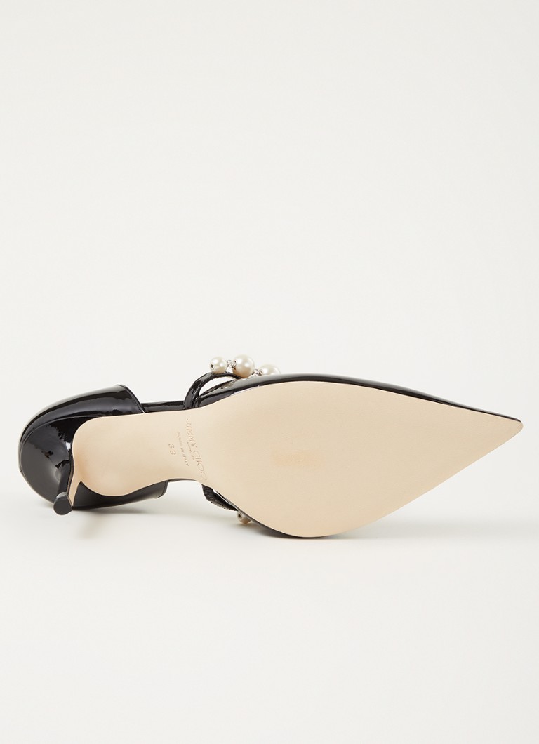 Sandale Jimmy Choo Aurelie din piele lăcuită, împodobite cu cristale.