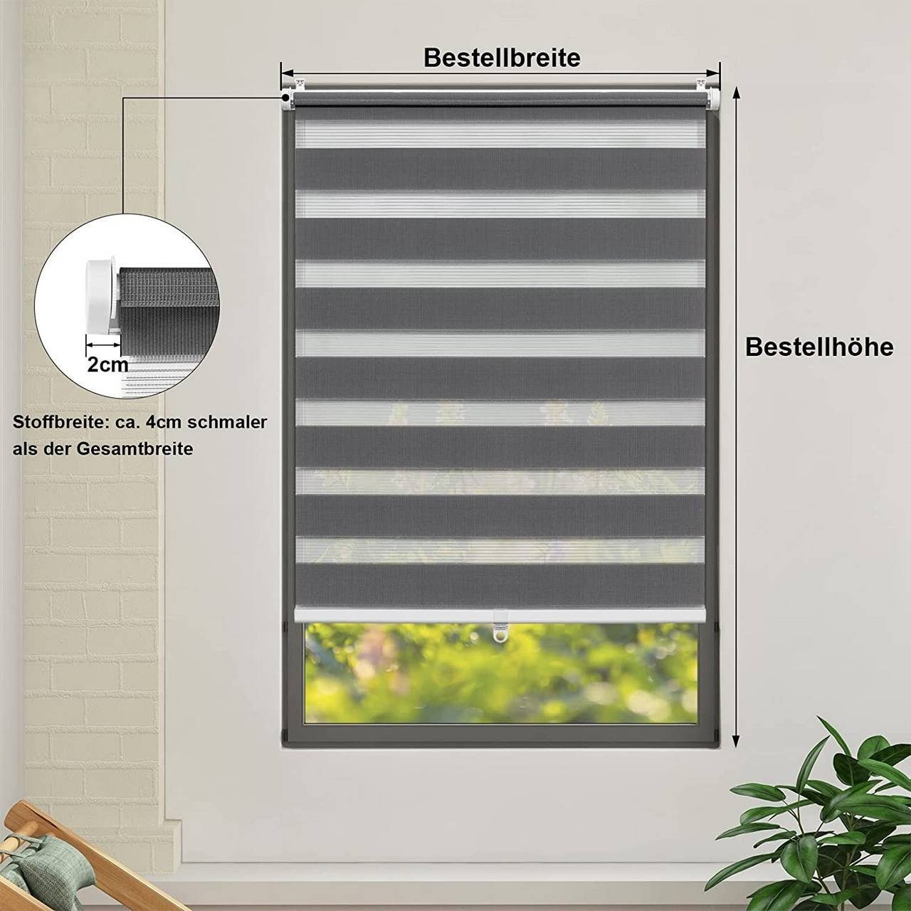 Doppelrollo, Woltu, verdunkelnd, Klemmfix, freihängend, Klemm- oder Schraubmontage, Schnurlos