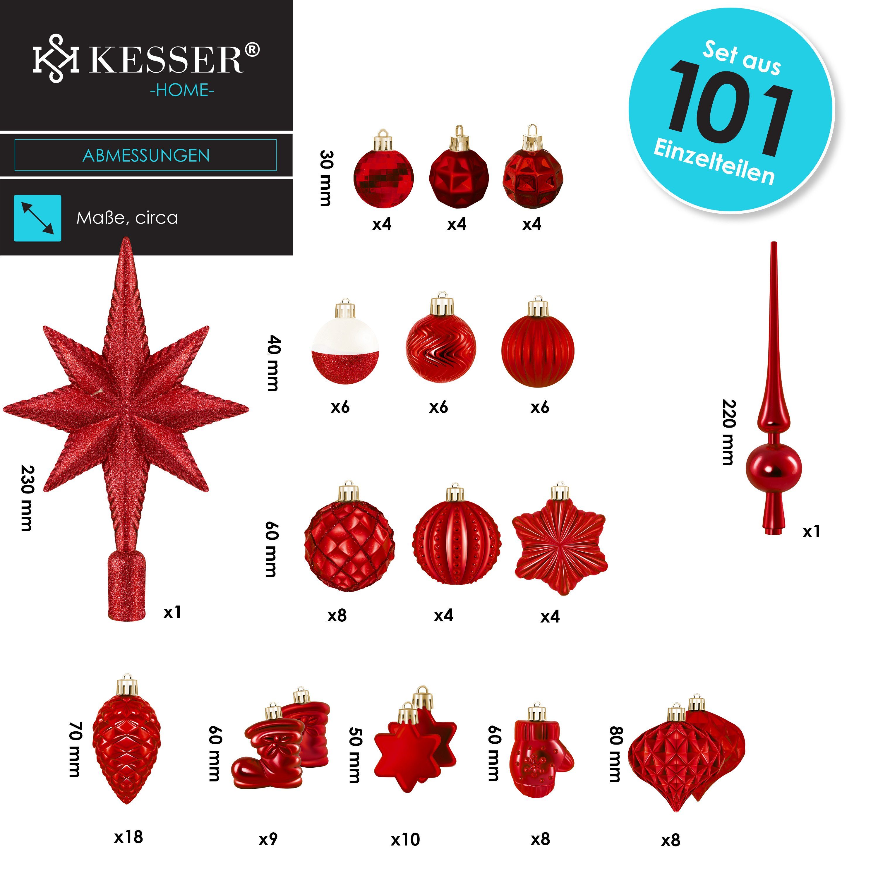 KESSER Christbaumschmuck (101-tlg), Weihnachtskugeln 101-teiliges Set Baumspitze Christbaumk