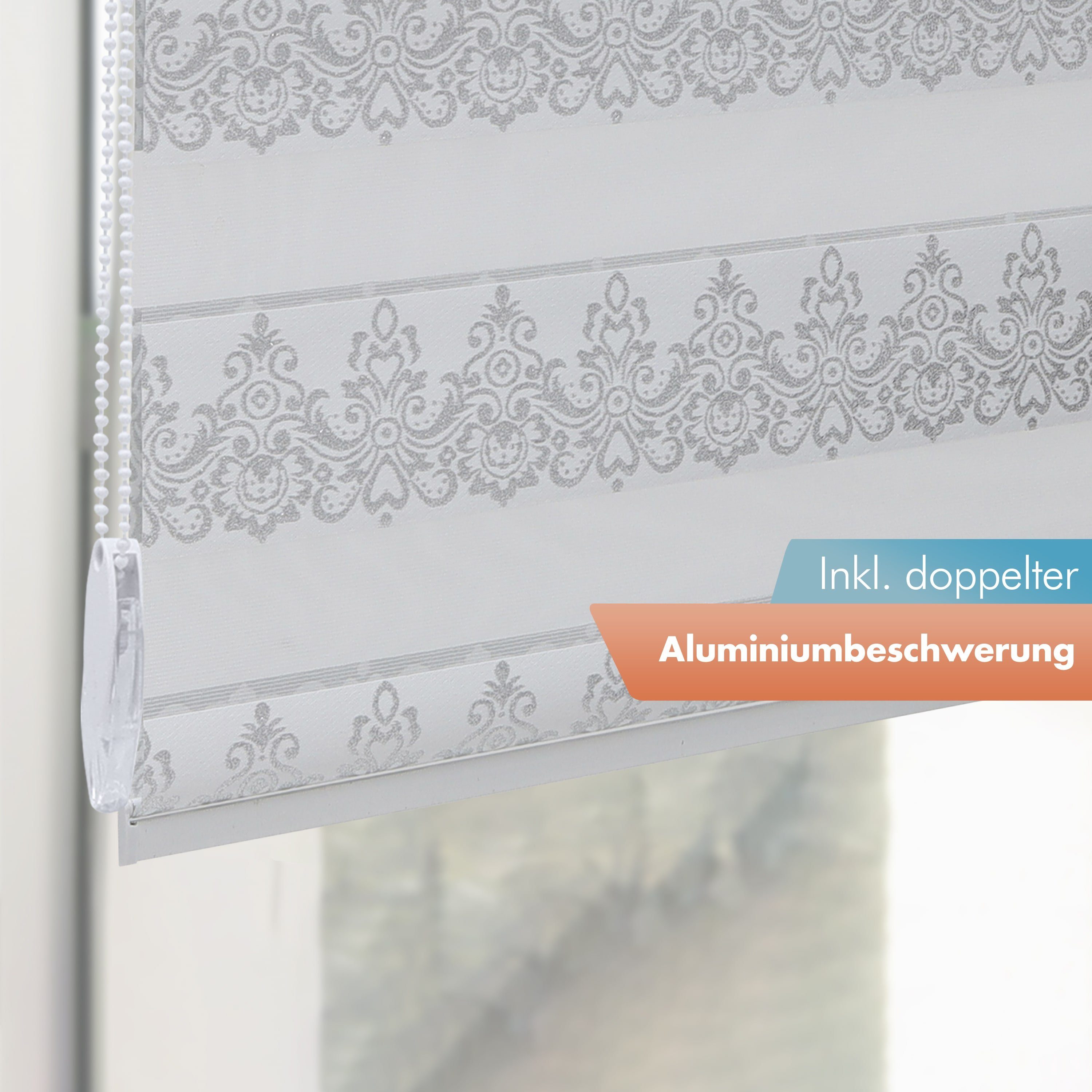 Doppelrollo mit Muster, Duo Rollo Klemmfix, Seitenzugrollo, Bailena, Lichtschutz, ohne Bohren, freihängend, Klemmfix, Barock Ornamente, gemustert, glitzernd