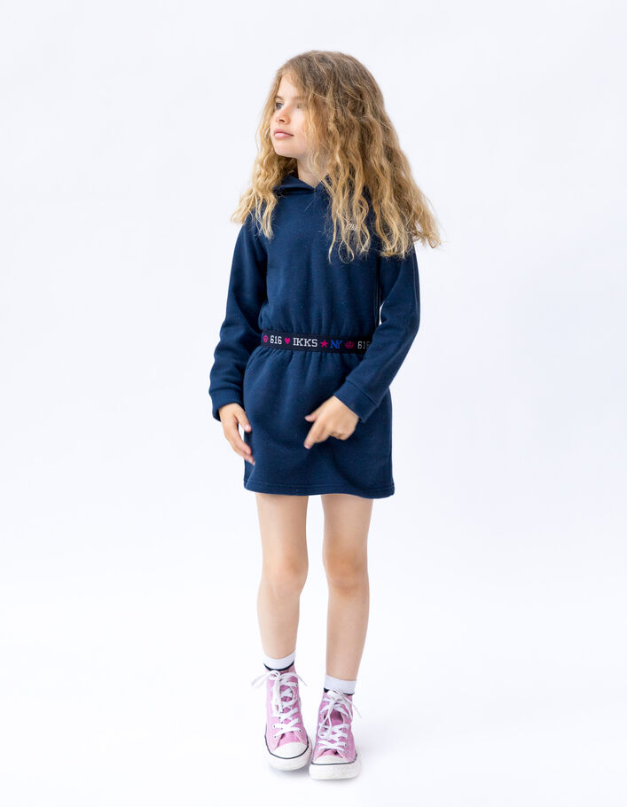 Robe sweat marine molleton pailleté à capuche fille