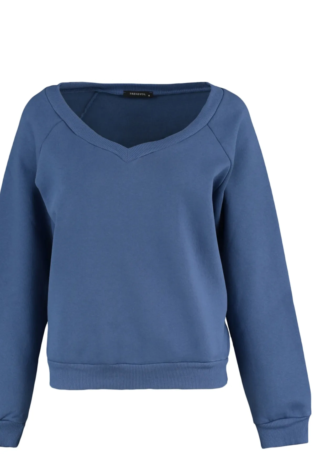 Trendyol Collection  Indigo Boat V-Ausschnitt Basic Dickes Fleece Innen Gestricktes Sweatshirt TWOAW23SW00184