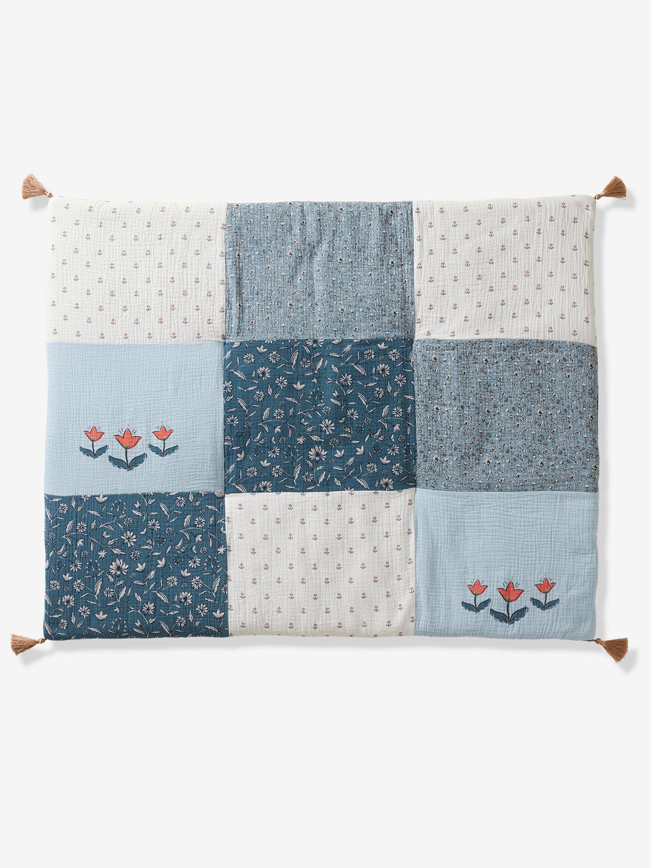 Vertbaudet Baby Patchwork-Spieldecke/ Laufstalleinlage INDIEN BLUME, Quasten - blau bedruckt