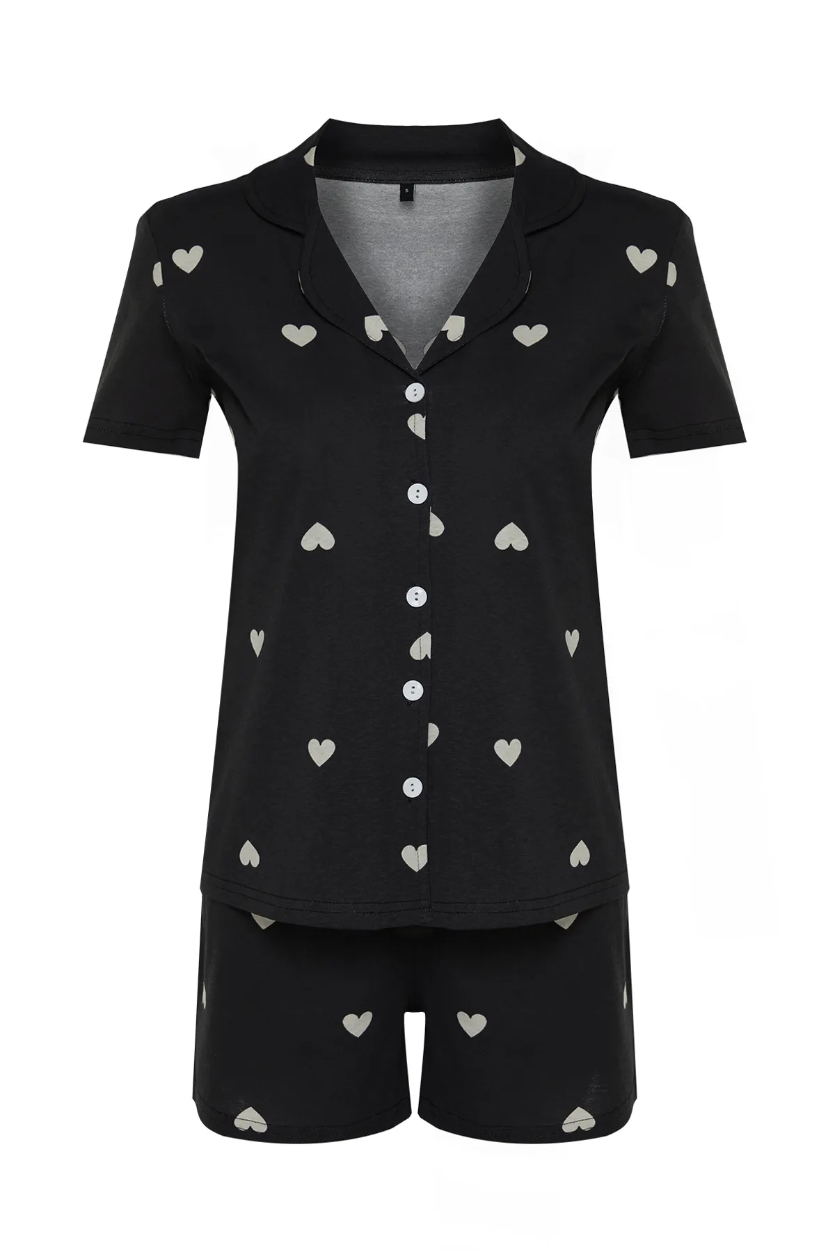 Trendyol Collection  Schwarzes, gestricktes Pyjama-Set mit Hemd und Shorts aus 100 % Baumwolle mit Herzmuster THMSS21PT0756