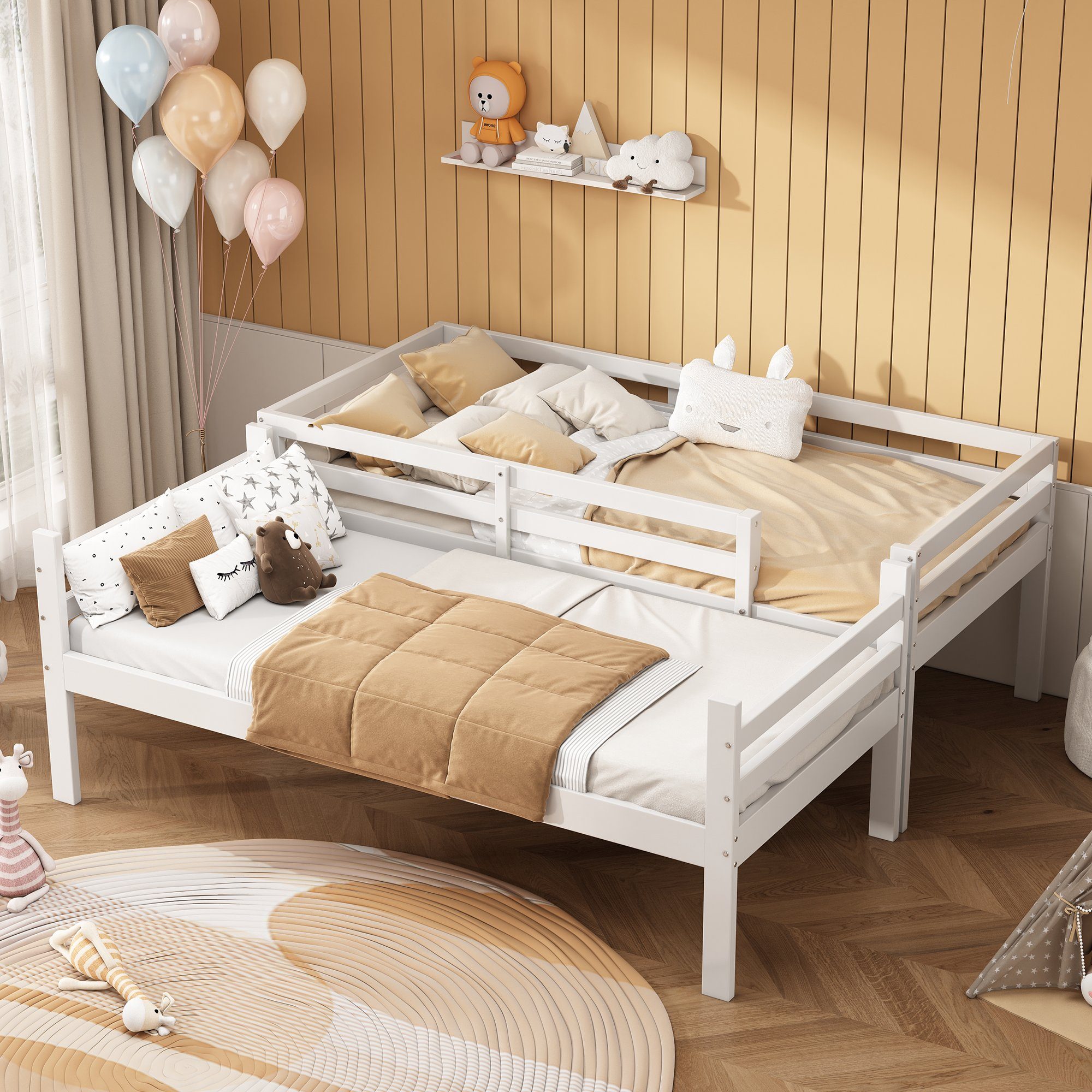 OKWISH Etagenbett Holzbett Tagesbett (Kinderbett mit Schuhregale und Schließfächer, Bett aufgeteilt in 2 Einzelbetten, Jugendbett, Einzelbett 90x200cm), ohne Matratze