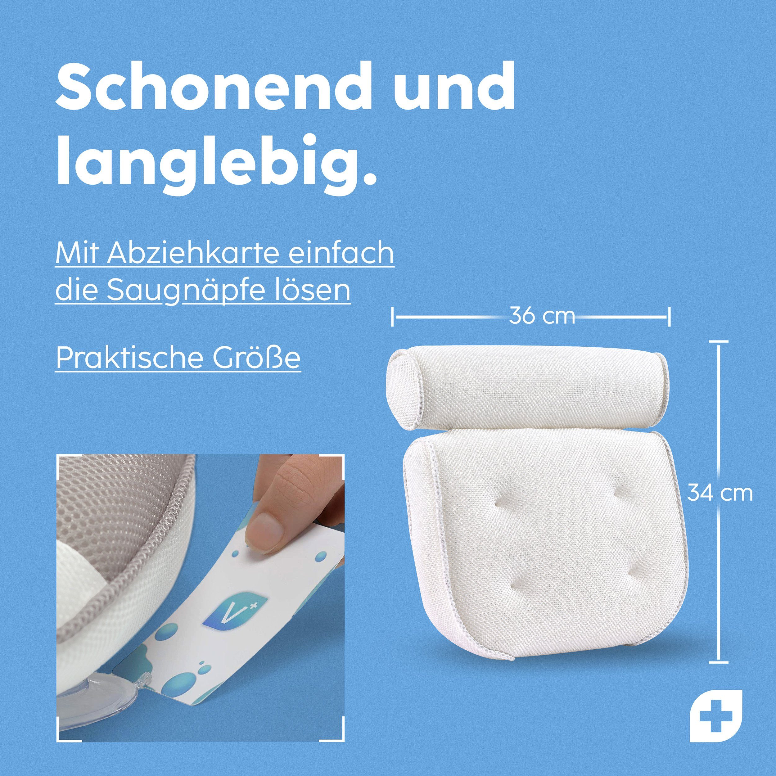 Nackenstützkissen Vesta+ Badewannenkissen XL mit Saugnäpfen und Haken, Badekissen Nackenkissen, Vesta+, Waschmaschinentauglich, Klimaneutral und nachhaltig, Badekissen Testsieger als Badewannenkissen Nacken & Nackenkissen Badewanne