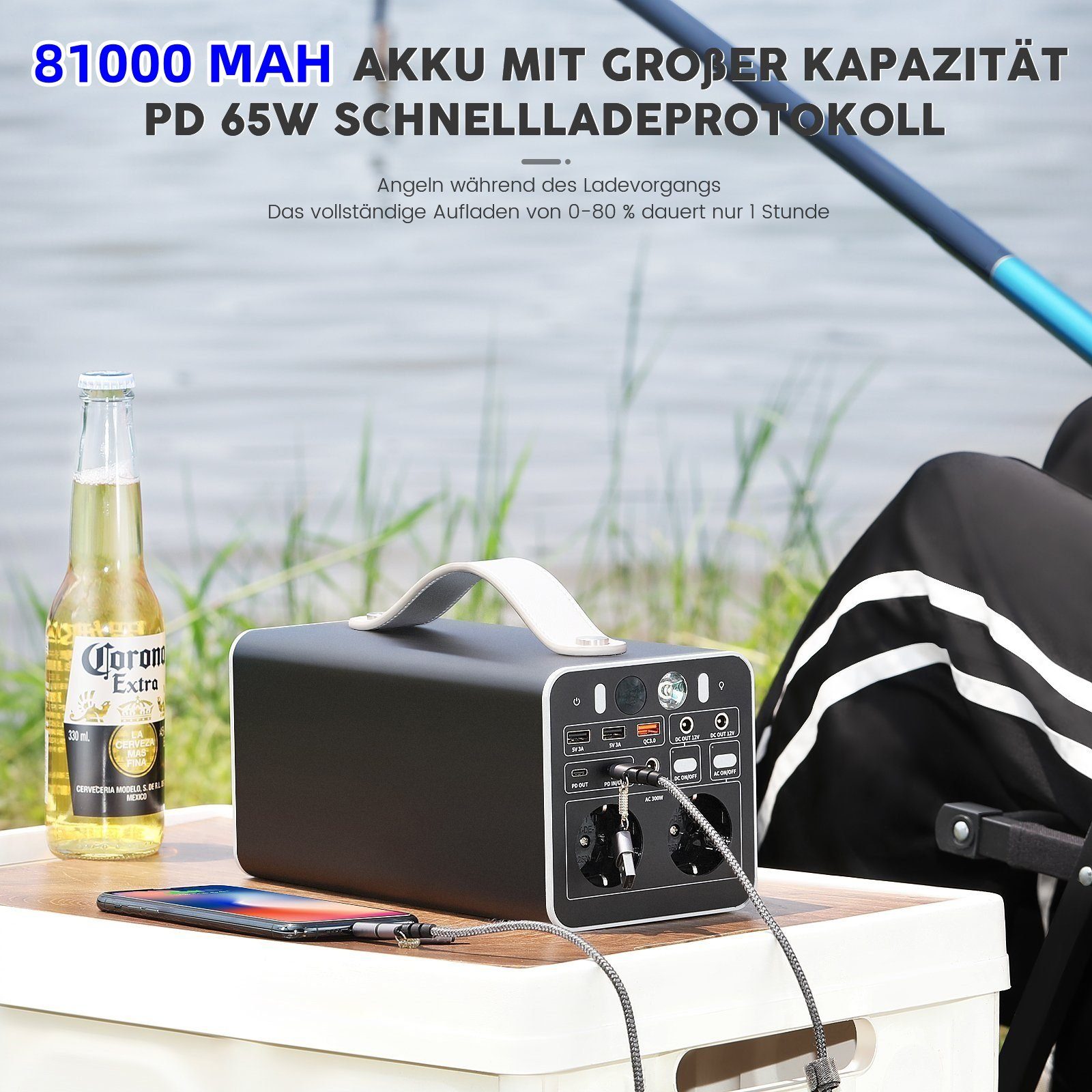 iscooter Stromerzeuger 300W Tragbare Powerstation 0,30 in kW 230V mobiles Kraftwerk tragbarer, 0,30 in kW, LiFePO4-Batterie, AC/DC/USB C/QC3.0/PD, 0,30 in kW