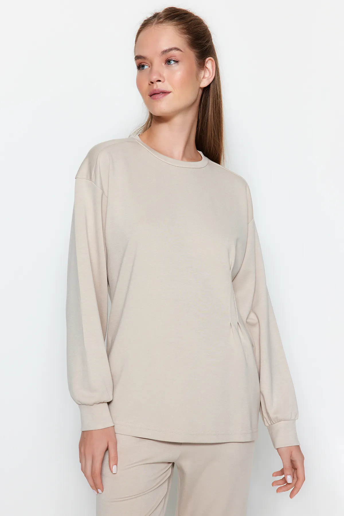 Trendyol Modest  Steinfarbenes Set aus Tunika und Hose aus Baumwolle, gestricktes Oberteil und Unterteil TCTAW24US00069