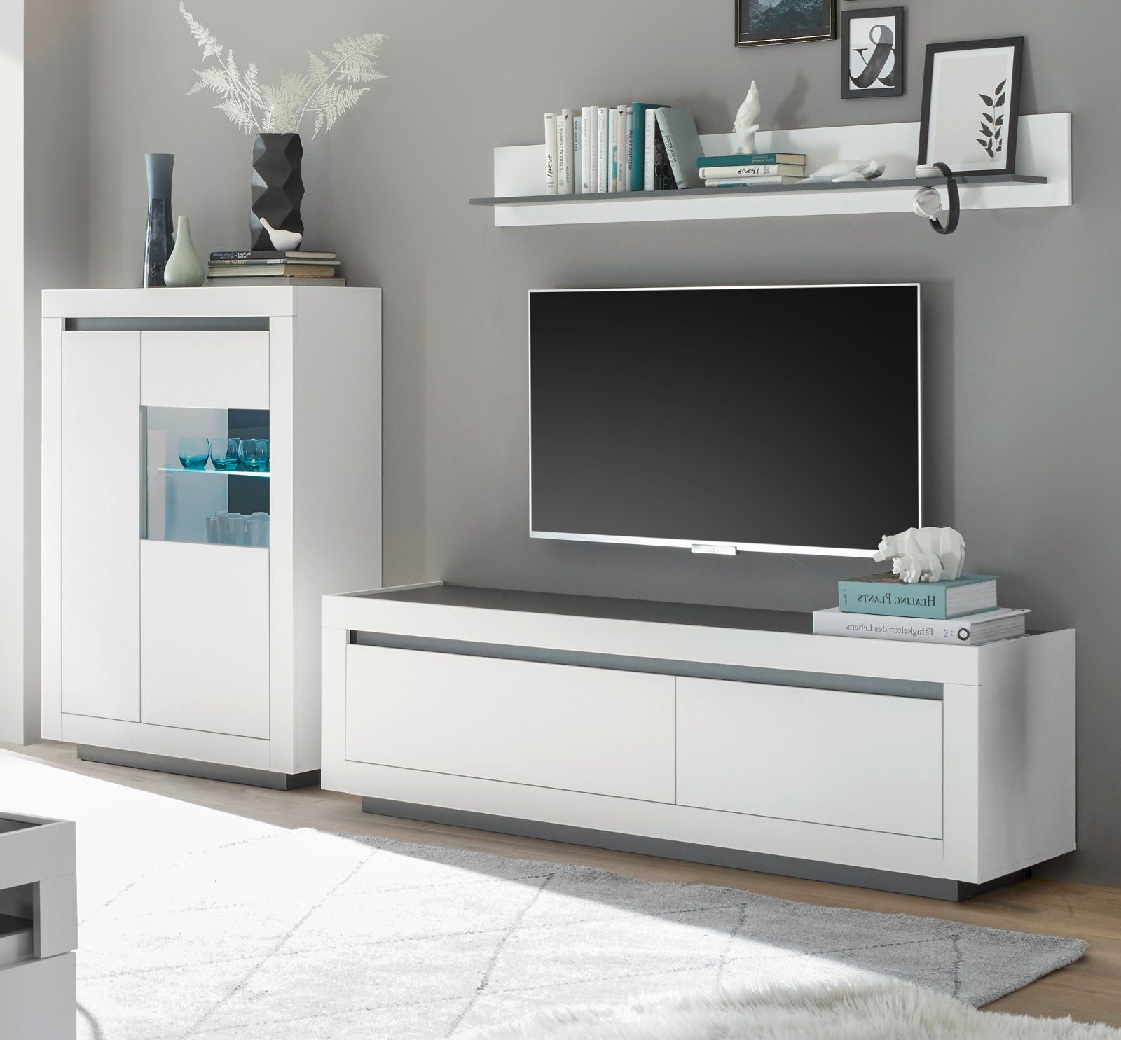 Furn.Design Highboard Rooky (Vitrine in matt weiß mit Anthrazit, 96 x 136 cm), mit viel Stauraum