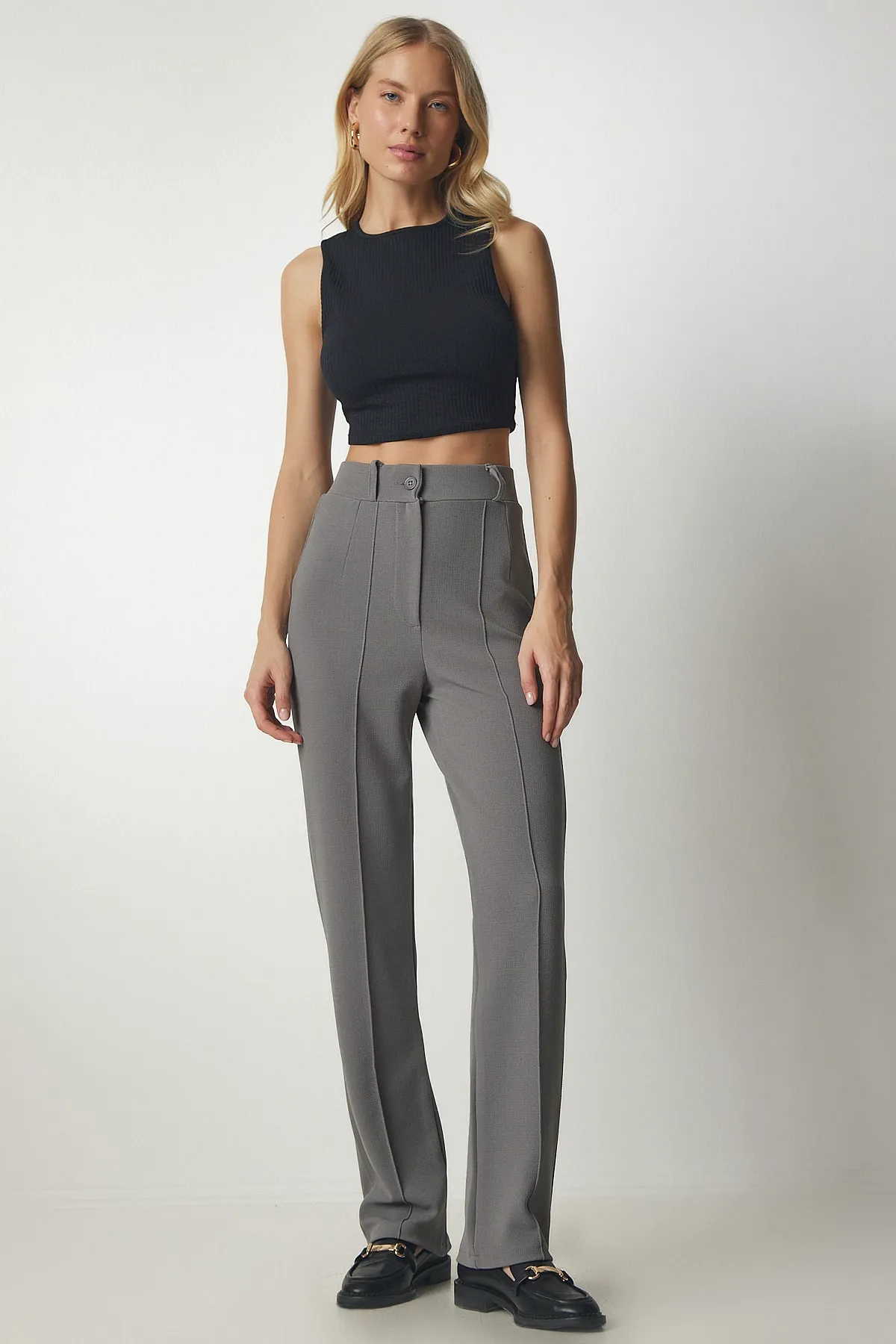 Happiness İstanbul  Graue bequeme Strickhose mit hoher Taille für Damen rv00132