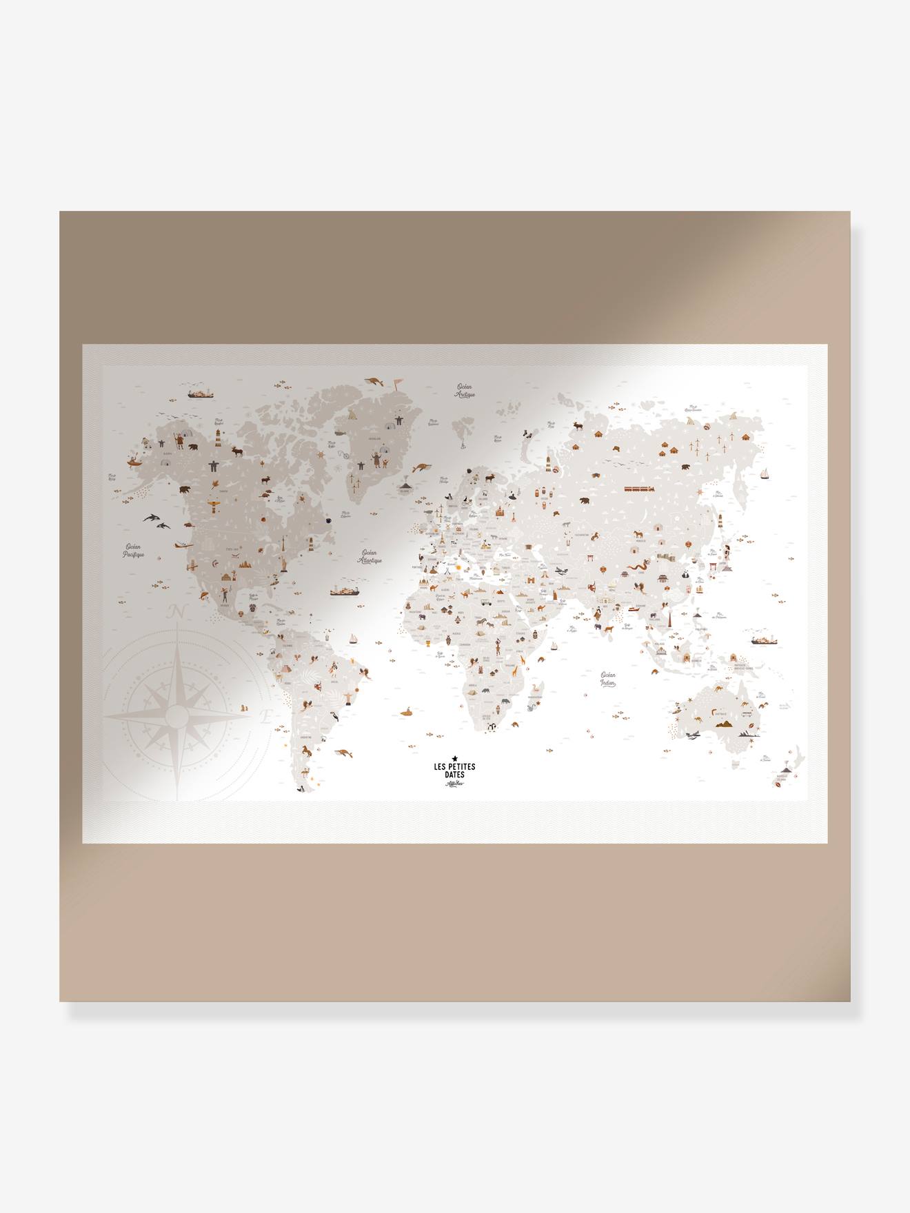 Affiche Carte du Monde LES PETITES DATES marron imprimé