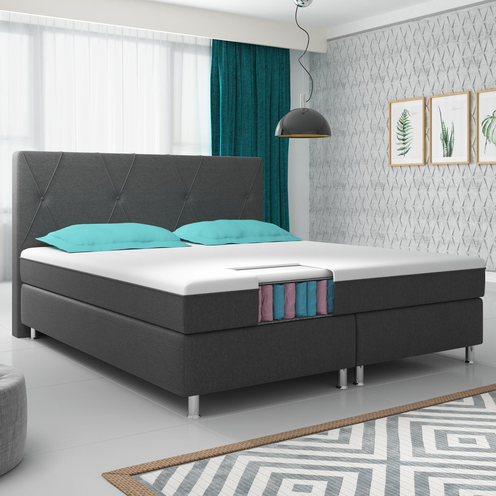 interbed Boxspringbett Boston Plus mit integriertem Topper 180x200 Webstoff
