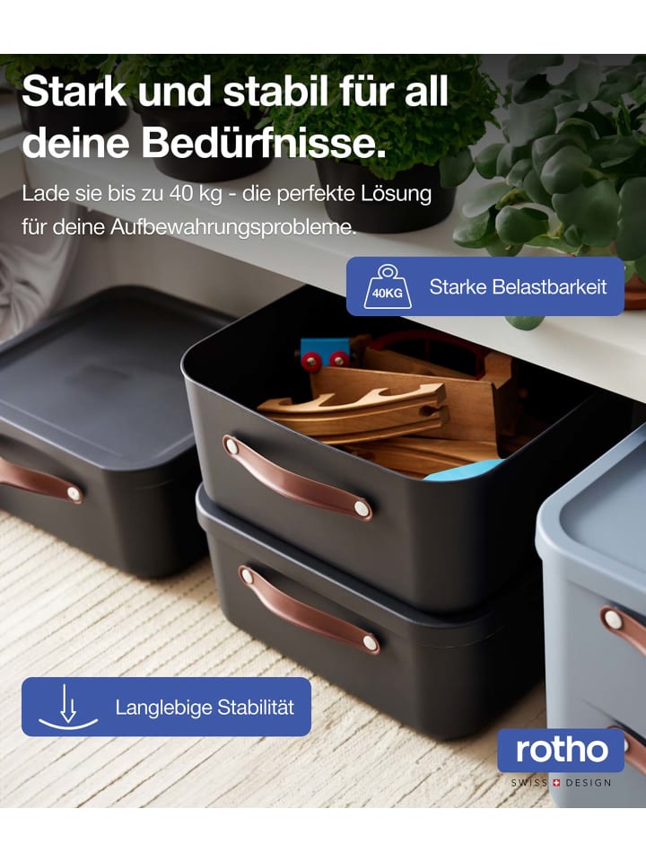 Rotho 2er-Set Kiste mit Deckel Maloja 12l in Holzkohle schwarz ged. günstig kaufen onesize