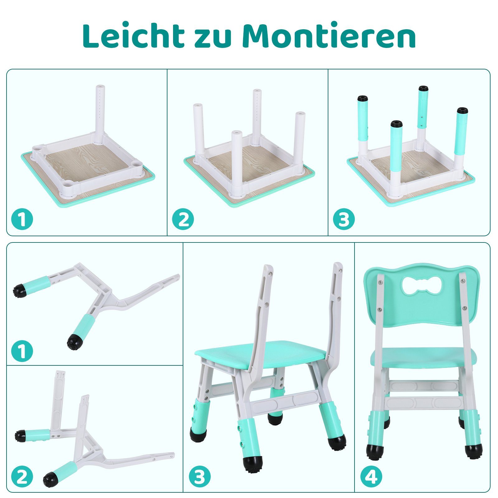 TLGREEN Kindersitzgruppe Kindertisch mit 4 Stühlen, Kindermöbel, Quadratischen Tisch Höhenverstellbar Plastik