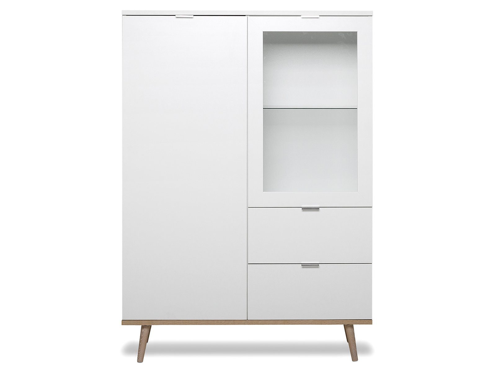 möbelando Highboard Dalarna, Modernes Highboard aus Spanplatte in Weiß, Füße aus Massivholz in Sonoma-Eiche mit 1 Glas-/Holztür, 1 Holztür, 2 Schubkästen, 2 Einlegeböden und 1 Glaseinlegeboden. Breite 100 cm, Höhe 140 cm, Tiefe 40 cm