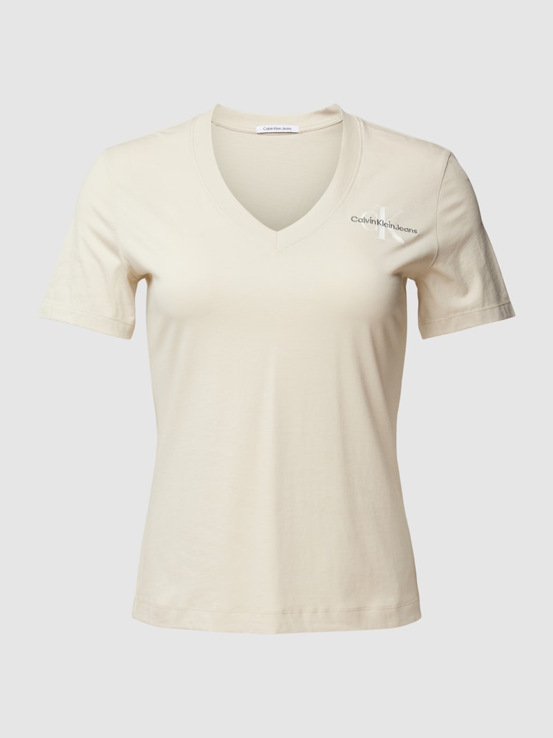Slim Fit T-Shirt mit V-Ausschnitt in beige