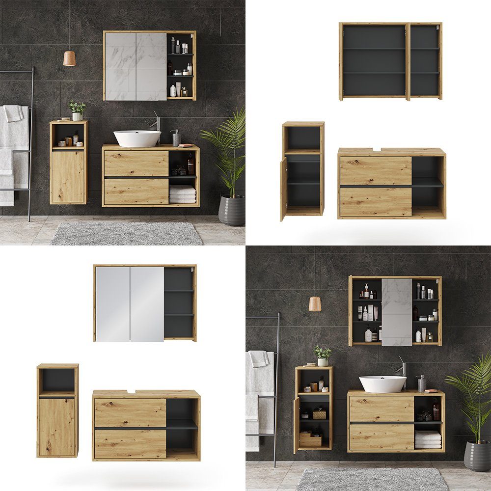 Vicco Badmöbel-Set Badezimmer Set 2 VIOLA Braun Anthrazit, (3-St., 3-er Set)