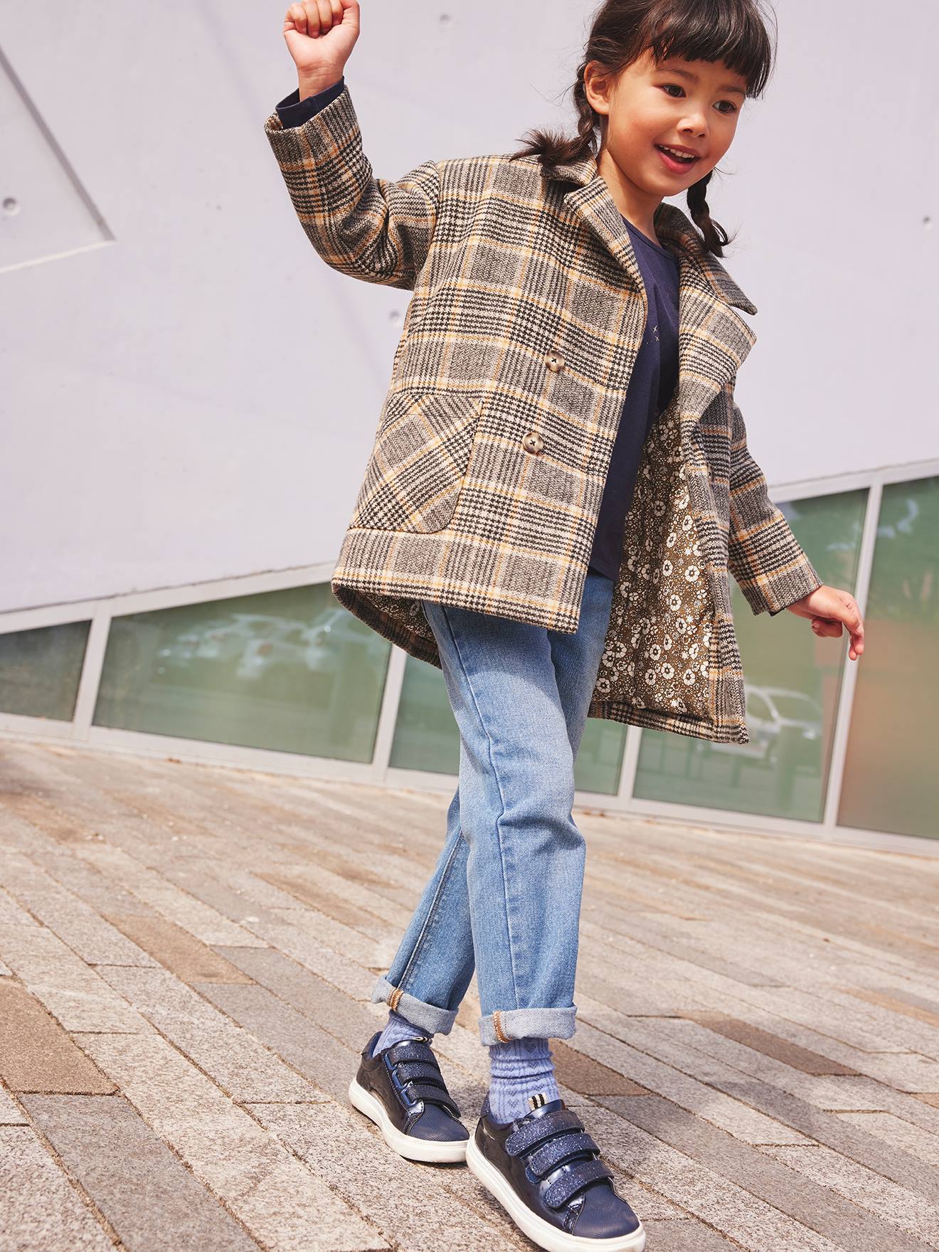 Manteau à carreaux fille. kaki