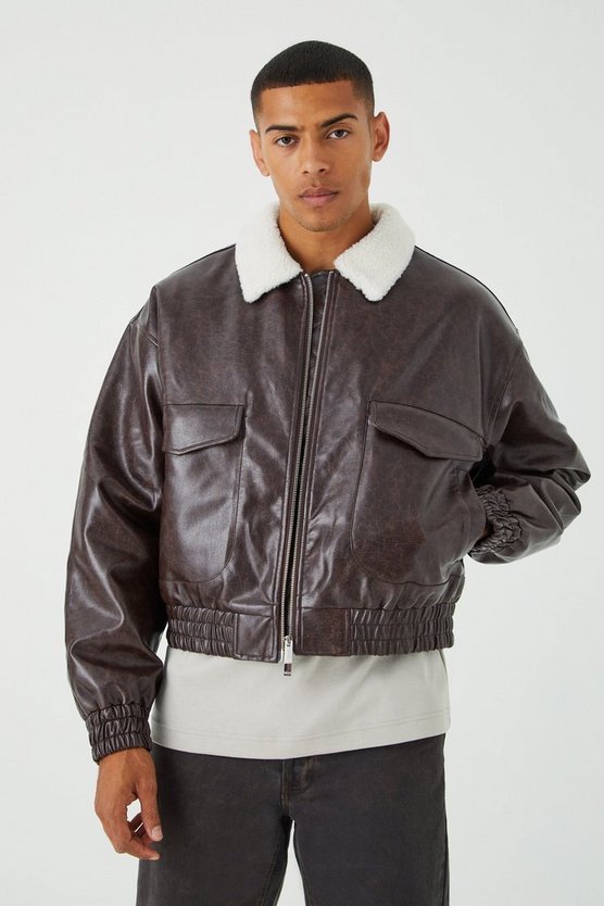 Kastige PU-Fliegerjacke mit Borg-Kragen
