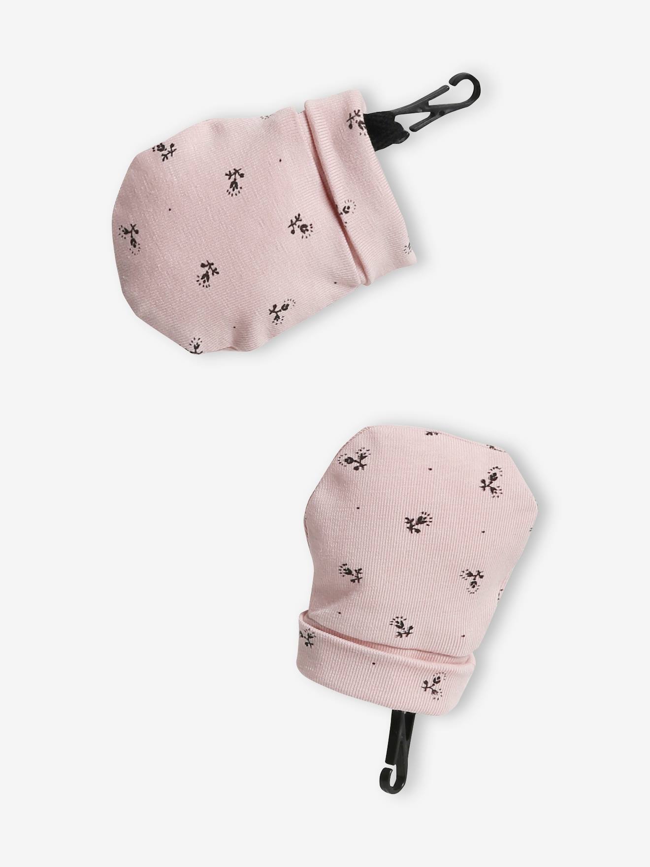 Ensemble bonnet + moufles + foulard + sac bébé fille en maille imprimée personnalisable bois de rose