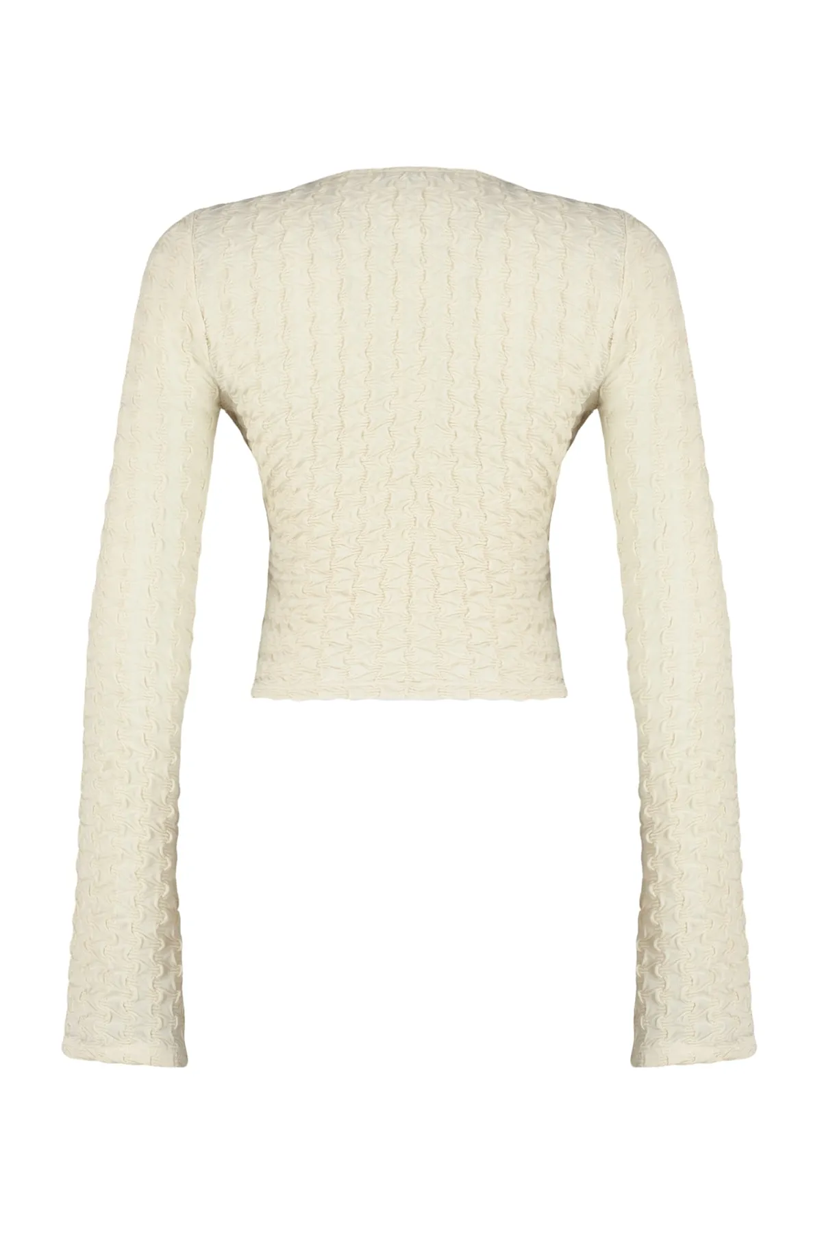 Trendyol Collection  Beigefarbene, zweireihige, bauchfreie Strickbluse aus strukturiertem Stoff mit normaler/normaler Passform und zweireihigem Ausschnitt TWOAW24BZ00088