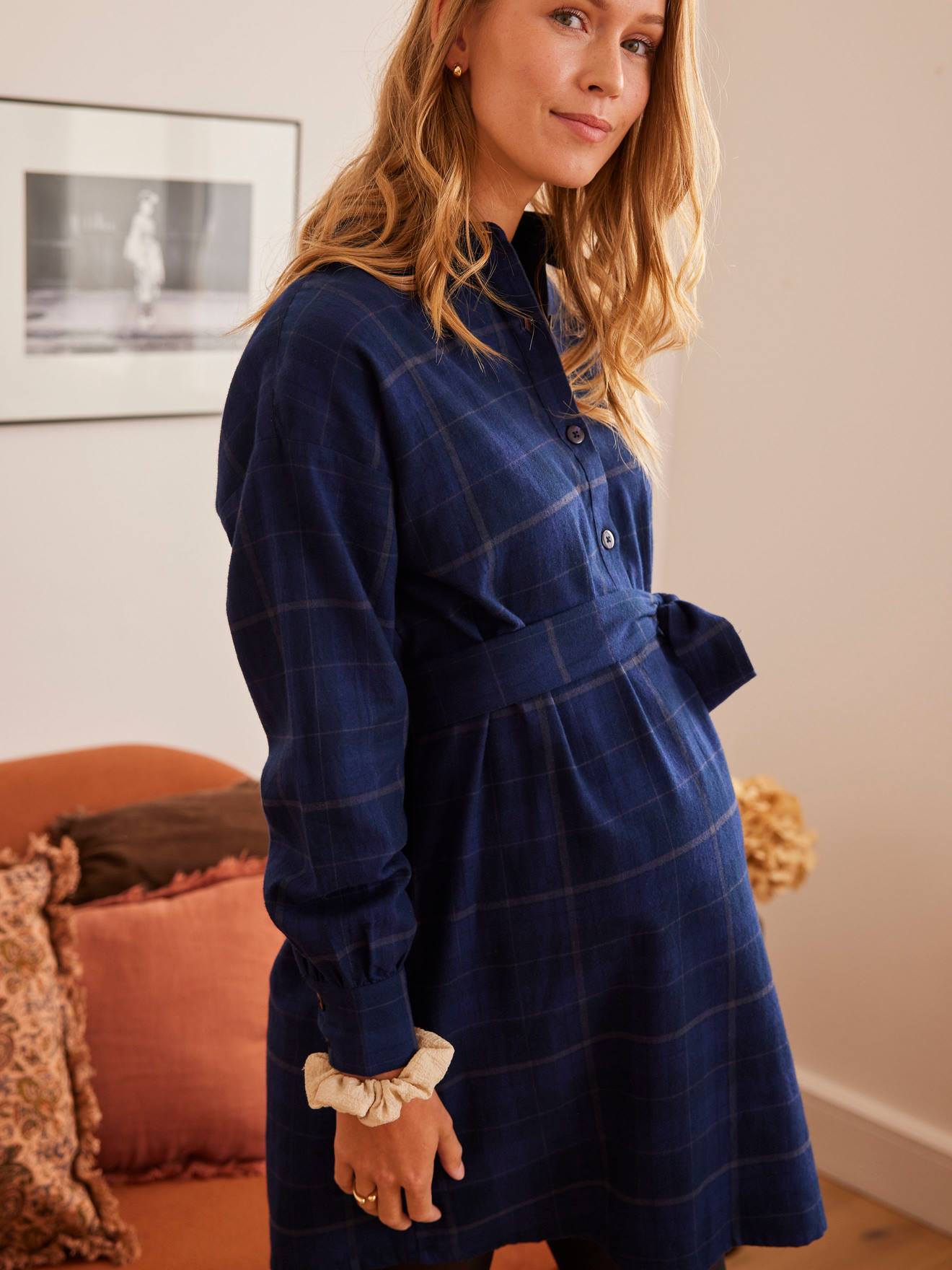 Vertbaudet Kariertes Hemdblusenkleid, Schwangerschaft & Stillzeit - marine